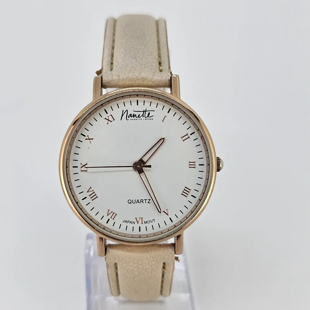 Women's Analog Watch 36MM White Dial Cream Faux Leather Bands NEW Battery